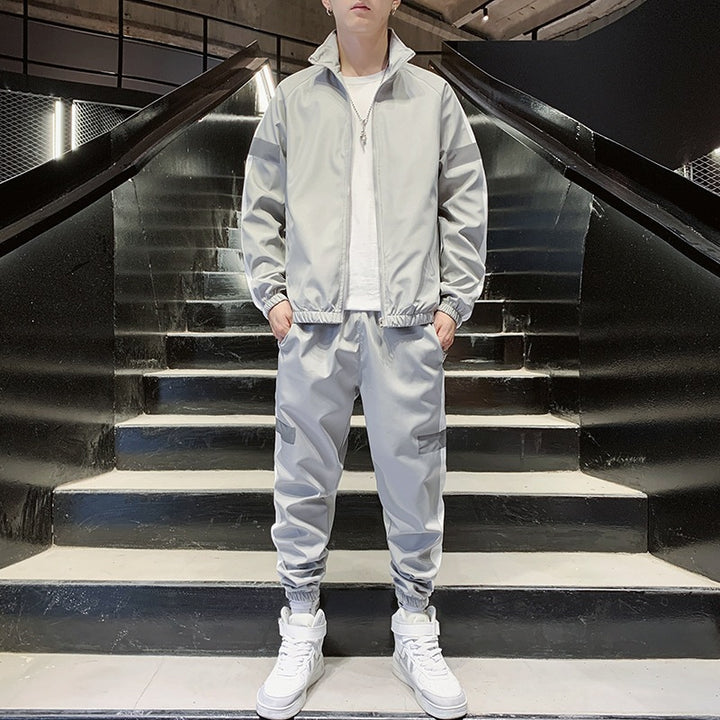 Herren Zweiteiliges Streetwear-Trainingsset mit Stehkragen, Kontraststreifen & reflektierenden Einsätzen Drune