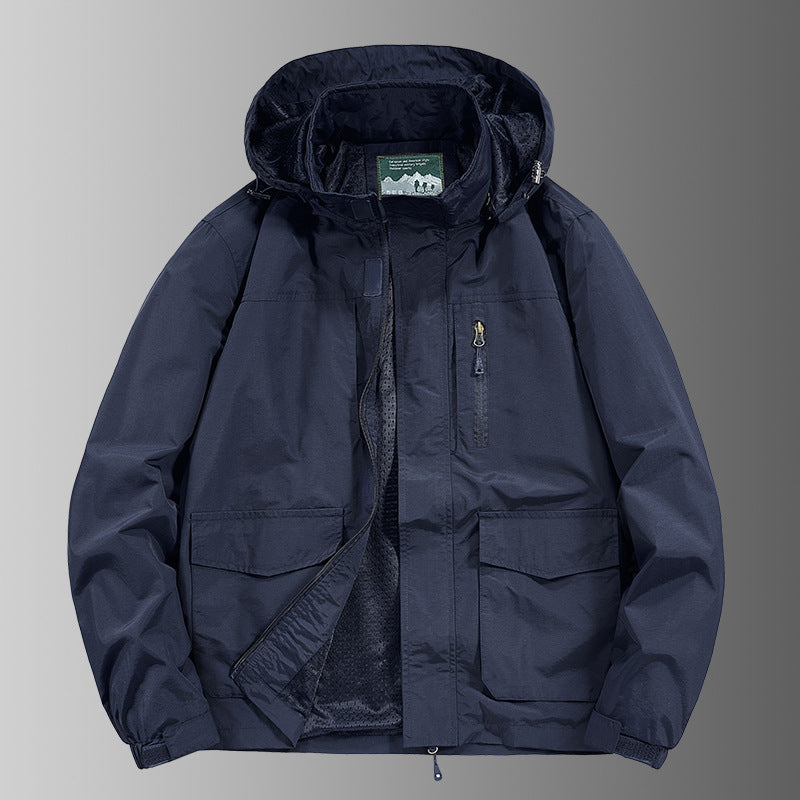 Herren Kapuzen-Outdoorjacke mit atmungsaktivem Meshfutter, wasserabweisender Ripstop‑Hülle & verdecktem Frontreißverschluss Drune
