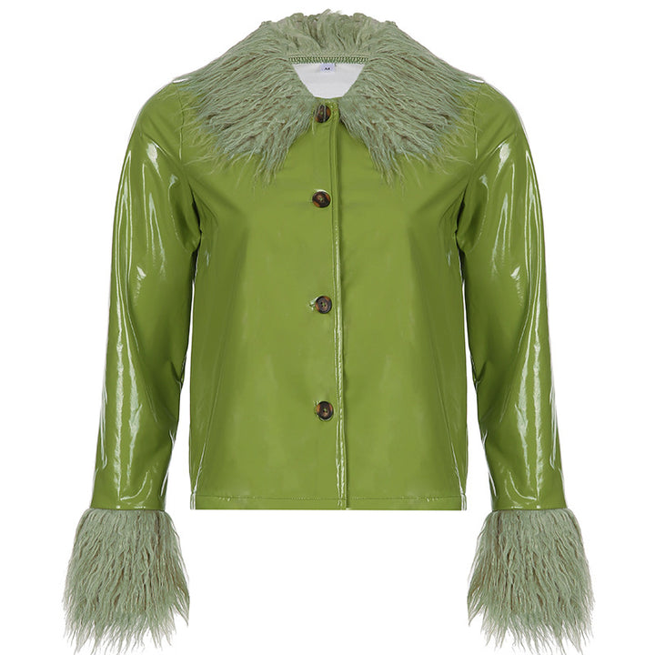 Damen modische Jacke mit luxuriösem Kunstpelzkragen und glänzender Oberfläche Drune