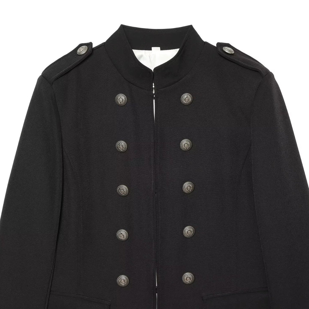Damen Militärisch inspirierte Doppelreihige Kurzjacke mit Stehkragen und Epauletten Drune