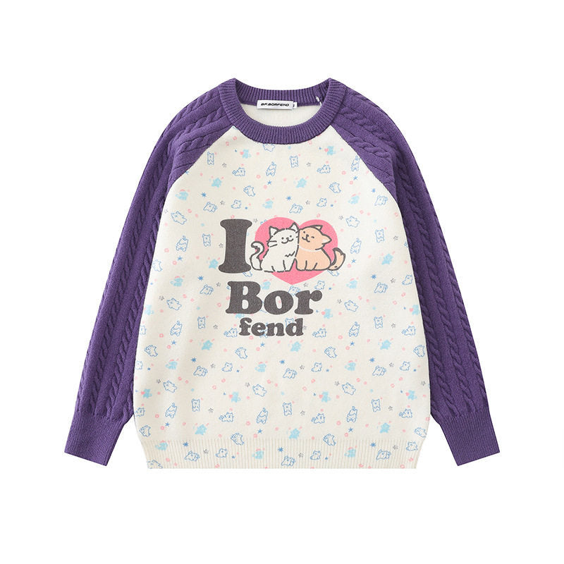 Damen Strickpullover mit Raglanärmeln, Zopfmuster-Ärmeln und Cartoon-Katzenfrontprint Drune