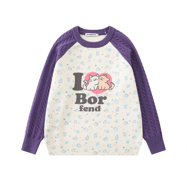 Damen Strickpullover mit Raglanärmeln, Zopfmuster-Ärmeln und Cartoon-Katzenfrontprint Drune