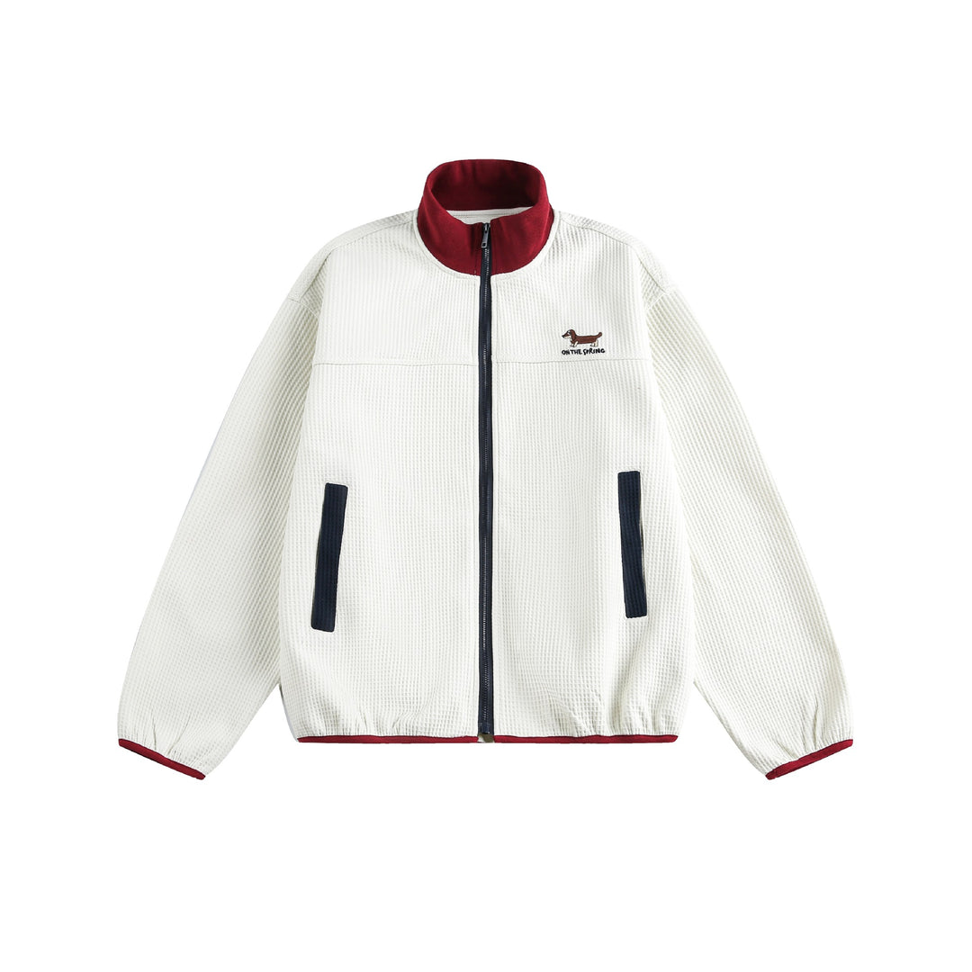 Damen Waffelstruktur Zipjacke im Boxy‑Cut mit Stehkragen und Hundestickerei Drune