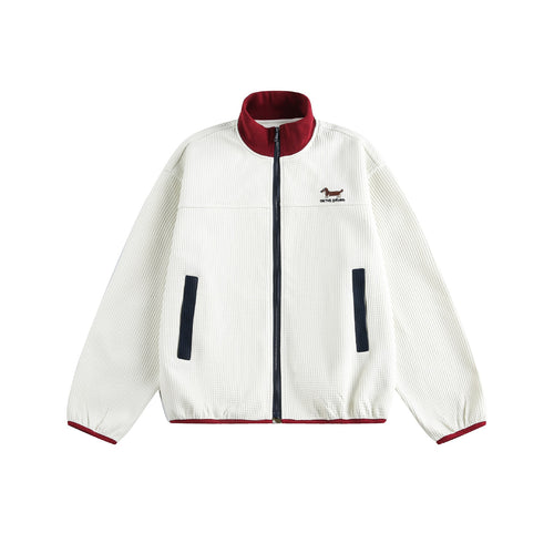 Damen Waffelstruktur Zipjacke im Boxy‑Cut mit Stehkragen und Hundestickerei Drune