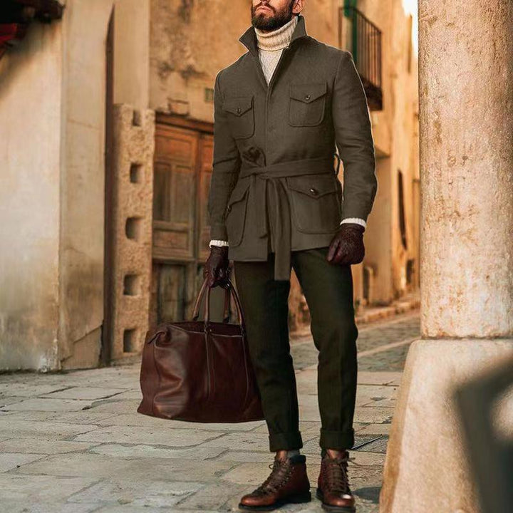 Herren multifunktionale Wool-Jacke mit Gürtel und Taschen Drune