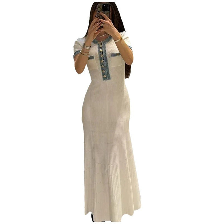 Damen Elegantes Maxikleid mit strukturiertem Stoff und dekorativen Knöpfen Drune