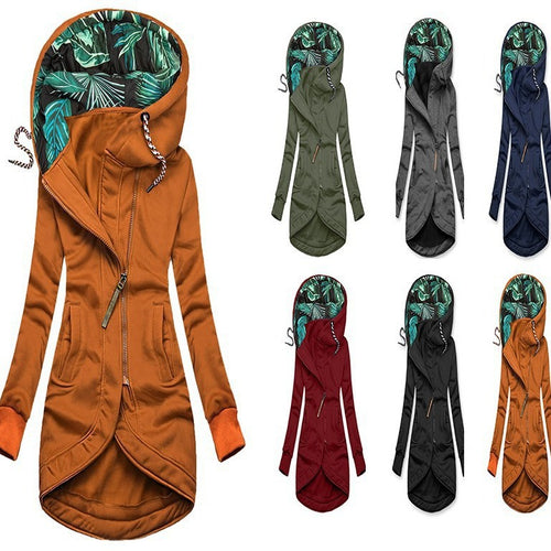 Damen asymmetrische Parka mit gefütterter tropischer Druckkapuze Drune