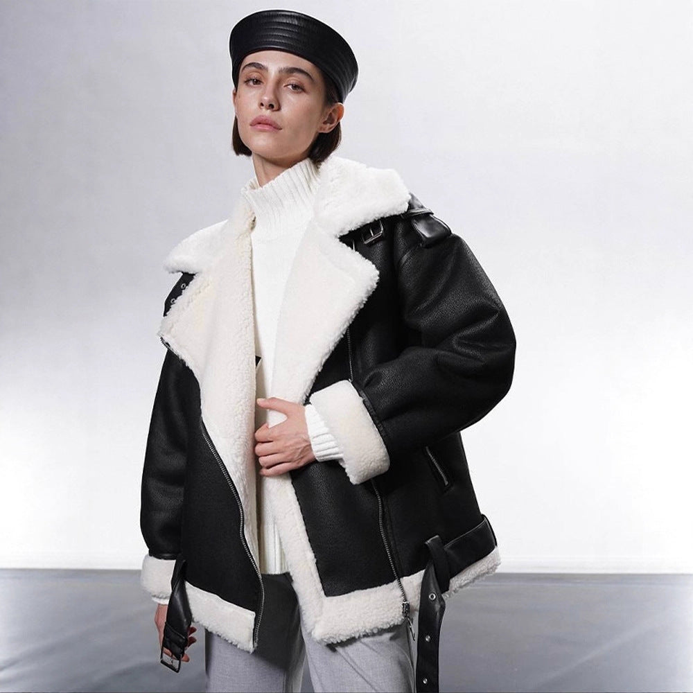 Damen Oversized Bikerjacke mit Teddyfell-Futter und verstellbaren Gürteln Drune
