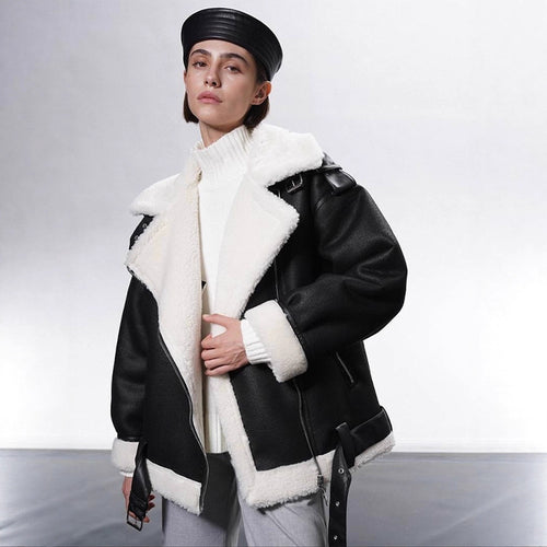 Damen Oversized Bikerjacke mit Teddyfell-Futter und verstellbaren Gürteln Drune
