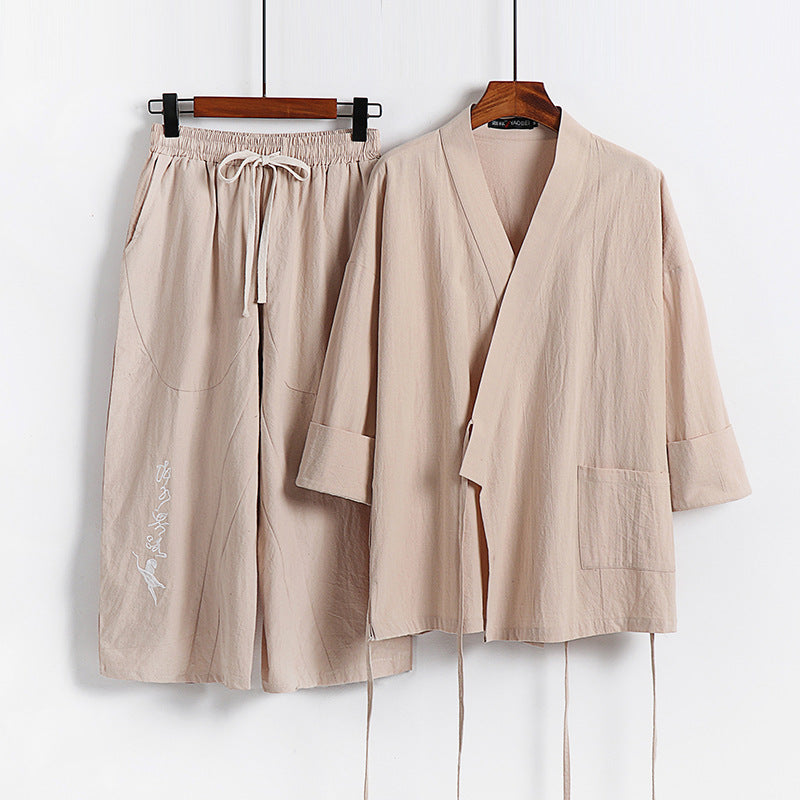Unisex Leichtes Kimono-Loungewear-Set aus Baumwoll-Leinen mit bestickter Haremshose und Bindegürtel Drune
