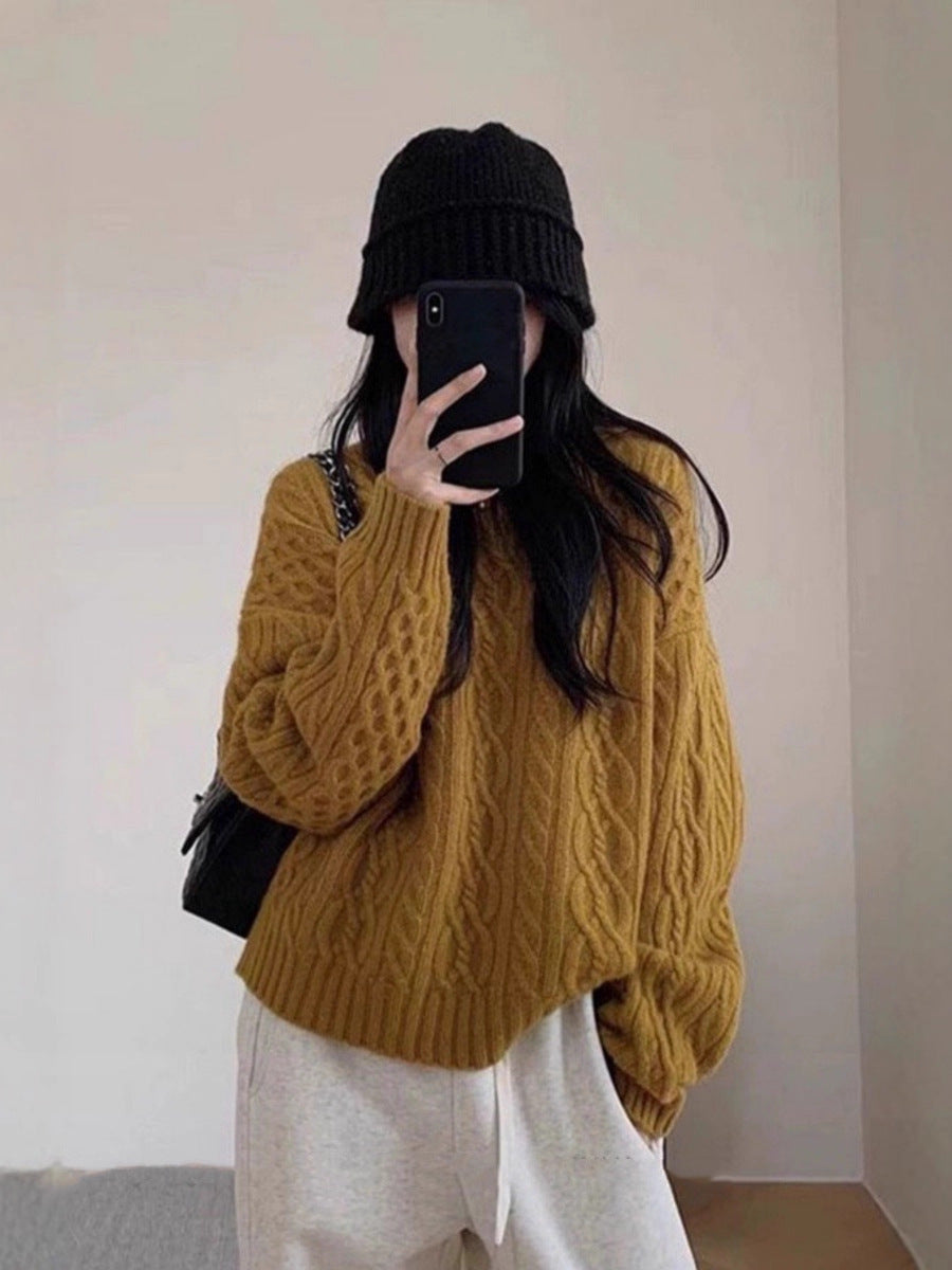 Damen Oversize Zopfmuster‑Pullover mit Rundhalsausschnitt und lässiger Schulterpartie Drune