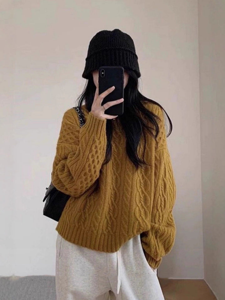 Damen Oversize Zopfmuster‑Pullover mit Rundhalsausschnitt und lässiger Schulterpartie Drune