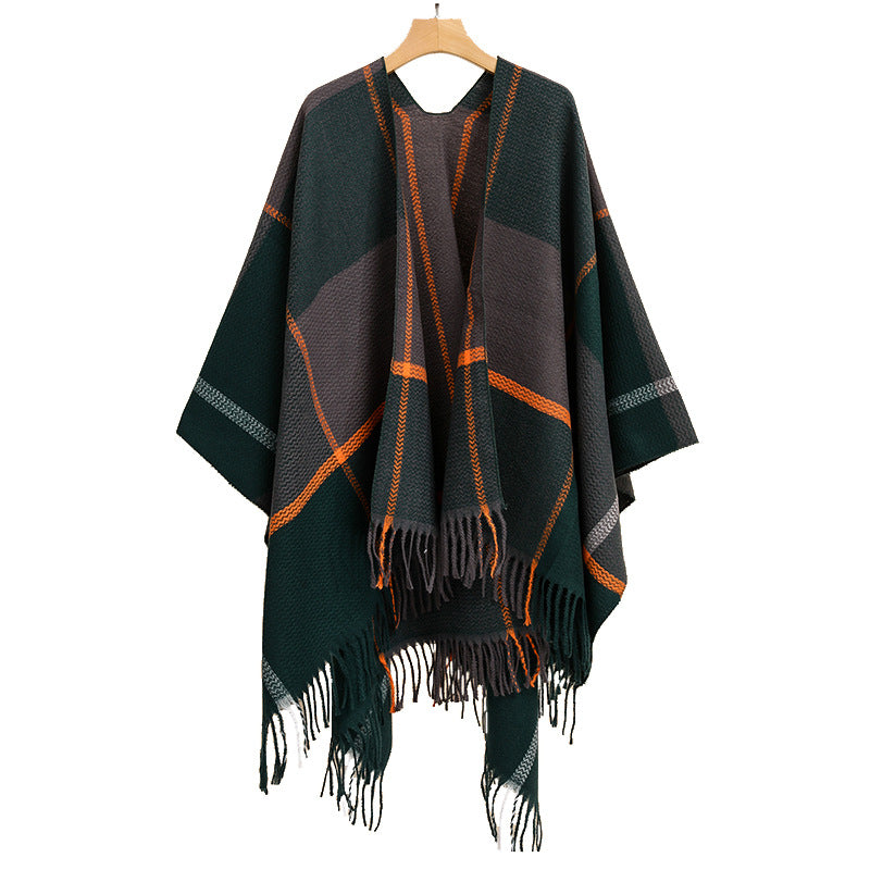 Damen Oversize-Capeponcho aus strukturierter Strickmischung mit V‑Ausschnitt, Karomuster und Fransen Drune
