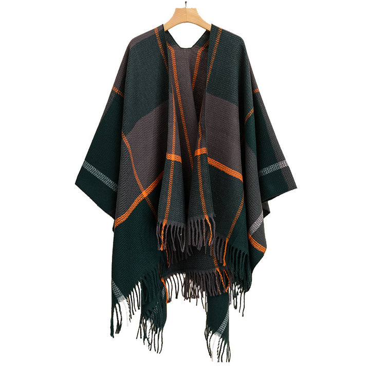 Damen Oversize-Capeponcho aus strukturierter Strickmischung mit V‑Ausschnitt, Karomuster und Fransen Drune