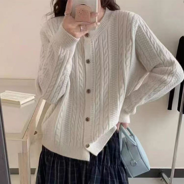 Damen elegante Strickjacke mit Zopfmuster und dekorativen Knöpfen Drune
