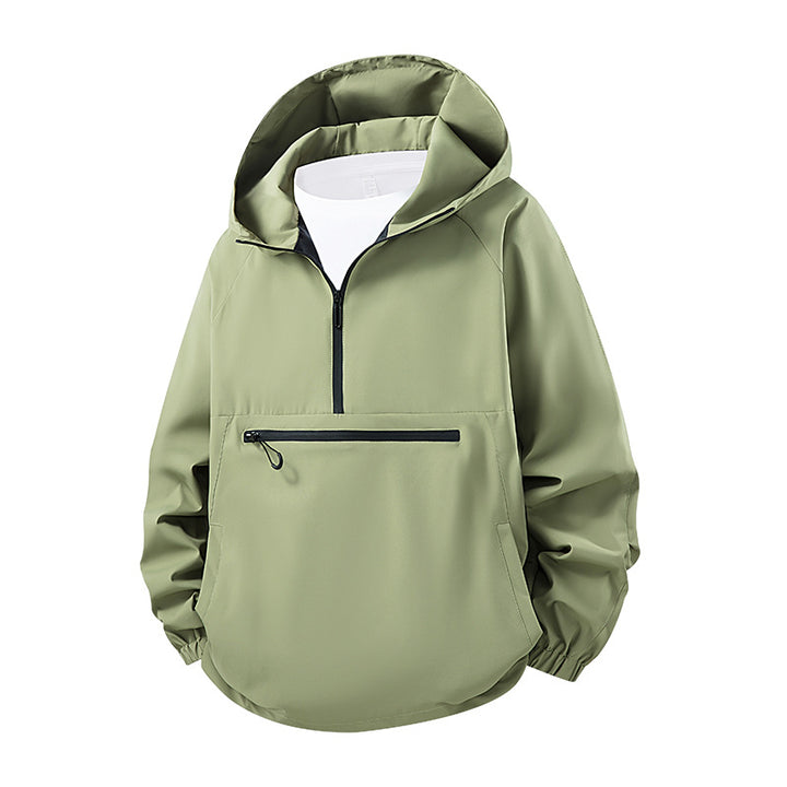 Unisex Leichter wasserabweisender Kapuzen‑Anorak mit Halbzip und Front‑Reißverschlusstasche Drune