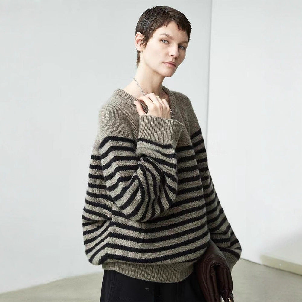 Damen lässiger V-Ausschnitt Pullover mit Streifen Drune