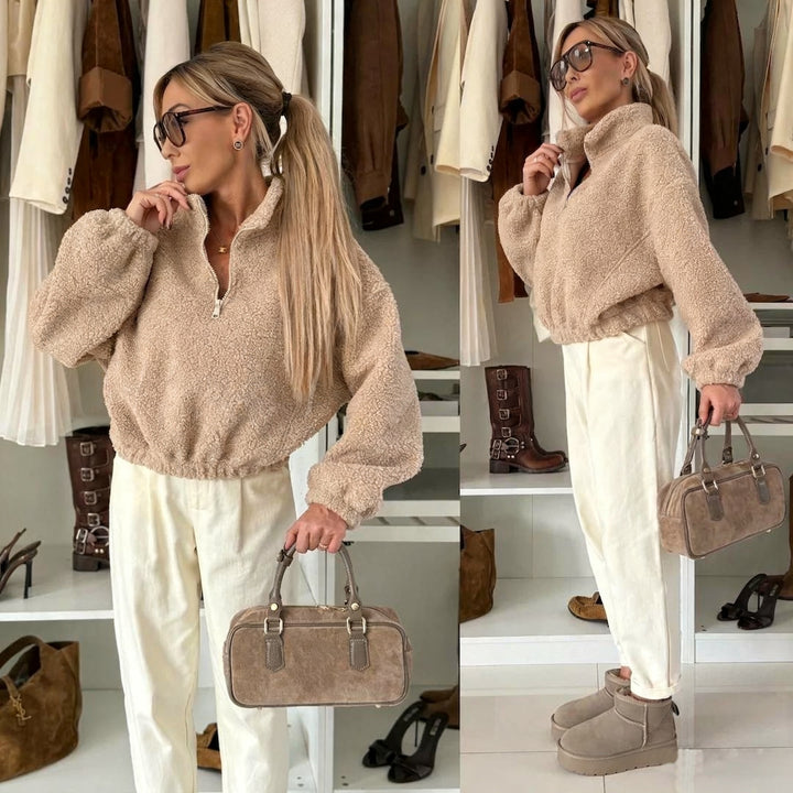 Damen kuscheliger Fleece-Pullover mit hohem Kragen und elastischen Ärmelbündchen Drune