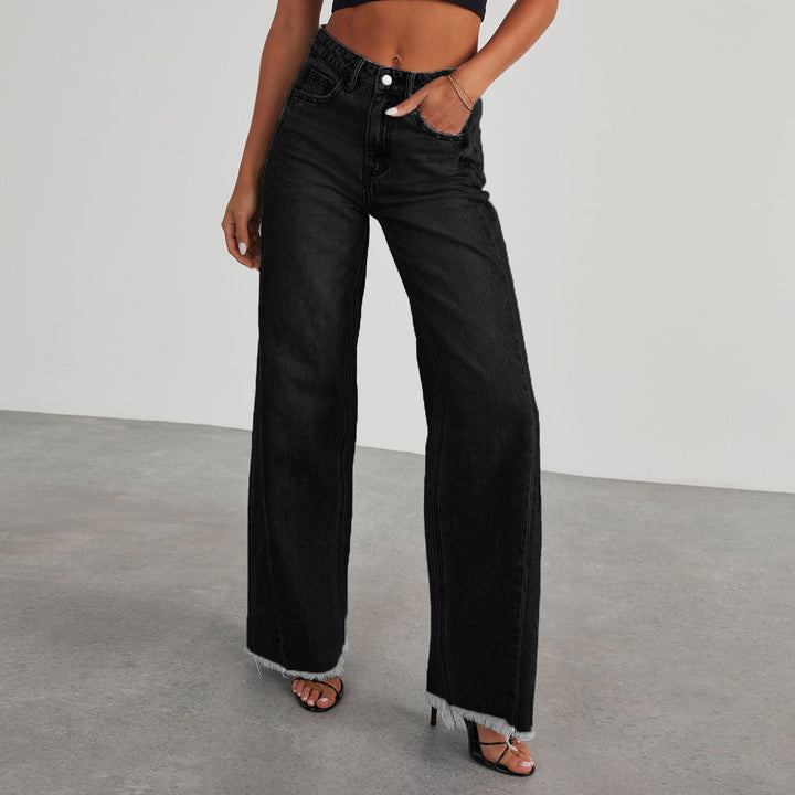 Damen nan hochgeschnittene Wide-Leg-Jeans mit rohem Fransensaum und geradem Bein Drune