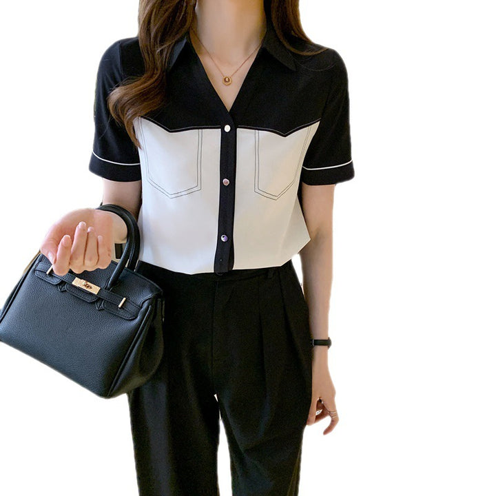 Damen Kurzarm Bluse mit kontrastierenden Taschen und modernen Akzenten Drune