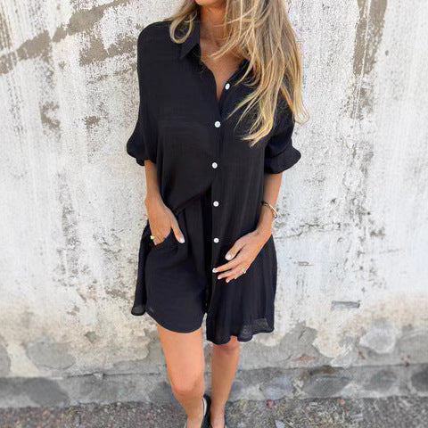 Damen legeres Baumwoll-Shorts-Set mit oversized Hemd und elastischem Bund Drune