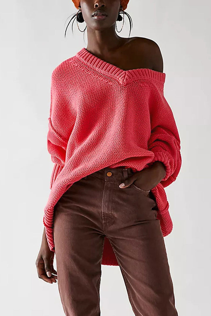 Damen V-Ausschnitt Oversized Pullover mit strukturiertem Strickmuster Drune