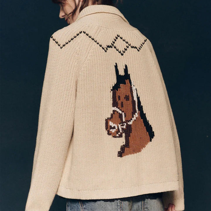 Damen Grobstrick-Cardigan mit Reverskragen und Pferde‑Intarsie Drune