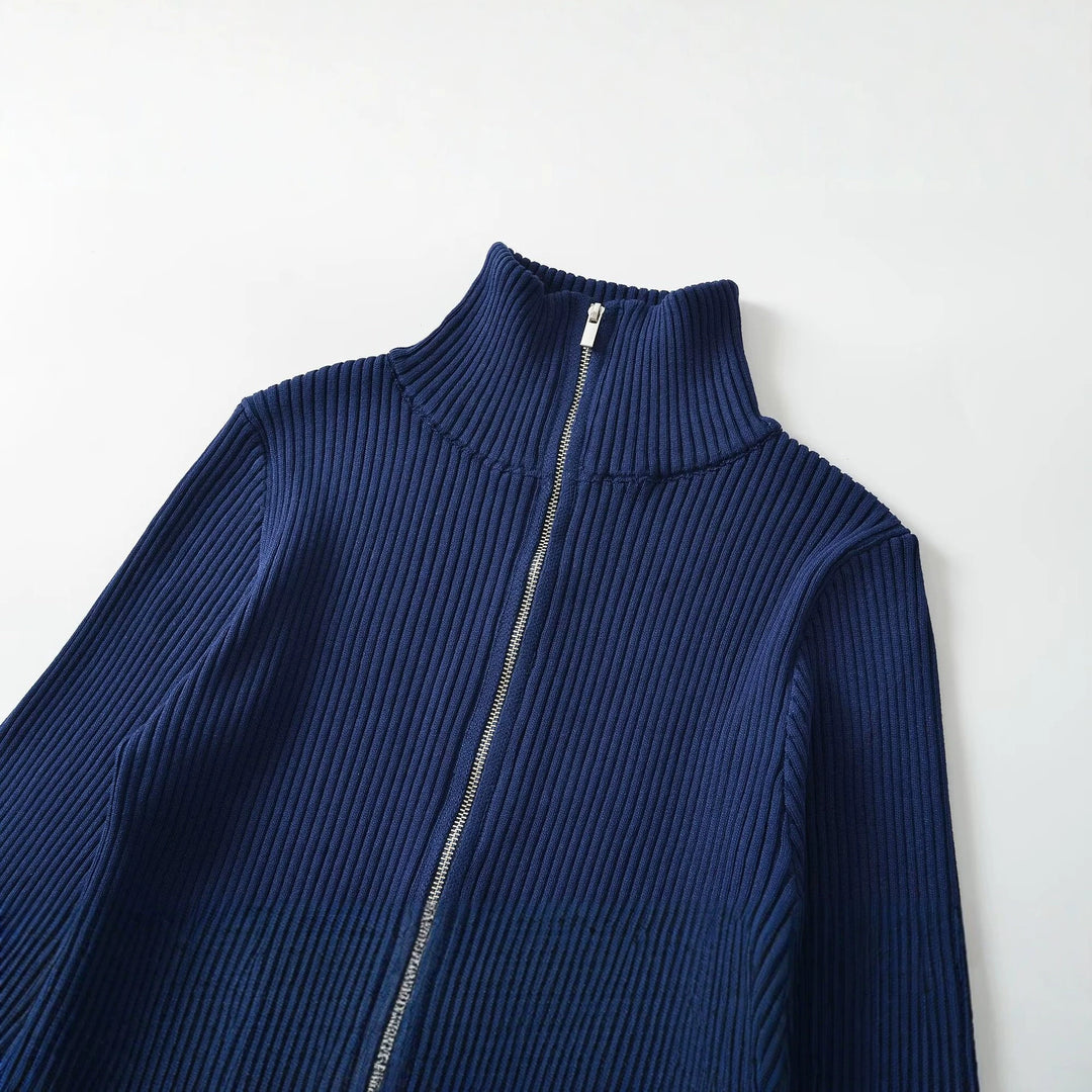 Damen Gerippte Reißverschluss-Strickjacke mit Stehkragen und Kontrastbündchen Drune