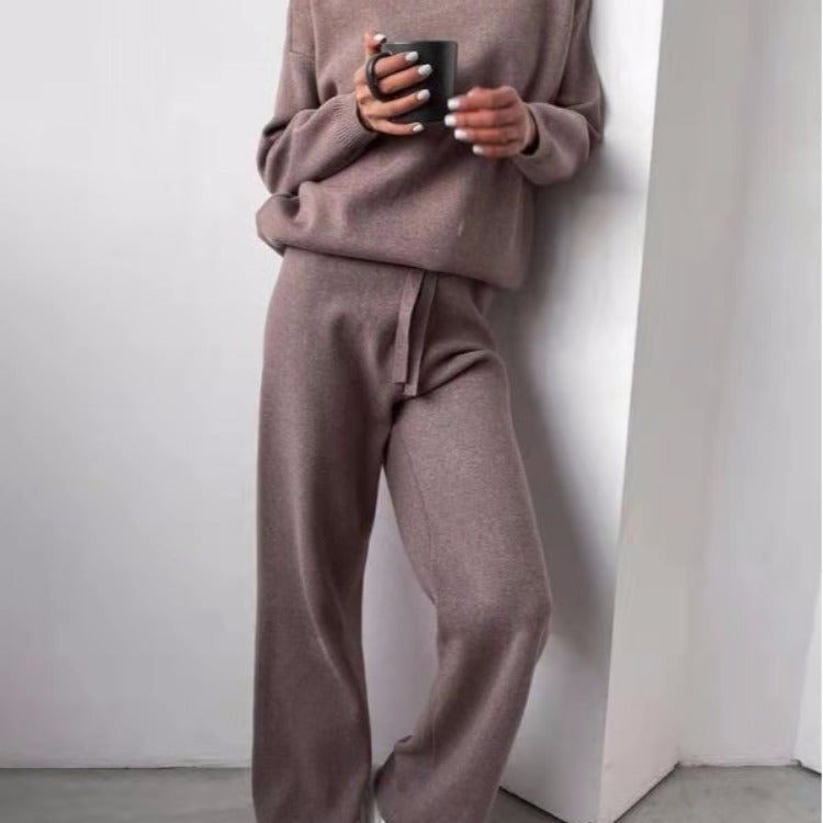 Damen kuscheliges Strick-Loungewear-Set mit weiten Hosen und elegantem Rundhalsausschnitt Drune