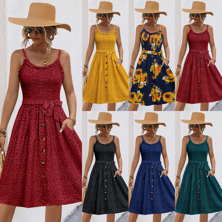 Damen Midi-Kleid mit schwingendem Rock und Rüschendetails Drune