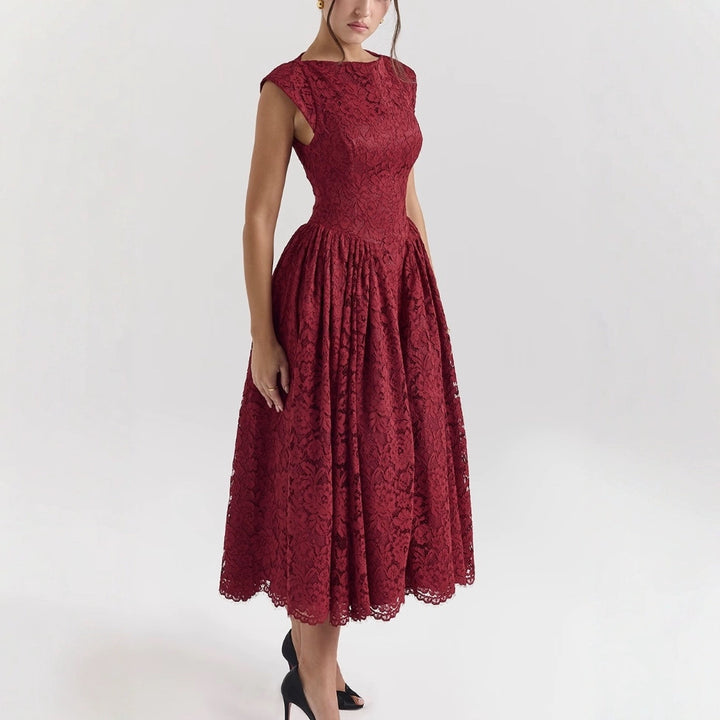 Damen Elegantes Spitzenkleid mit hochgeschlossenem Design und schwingendem Rock Drune