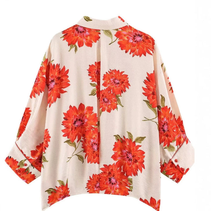 Damen Oversize‑Bluse mit leuchtendem Blumenprint, kastiger Silhouette und dreiviertelärmeln Drune