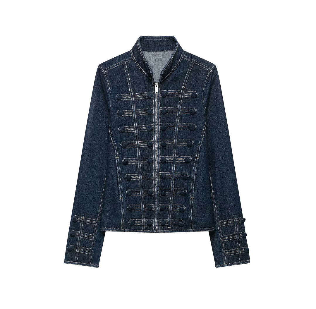 Damen Taillierte Denimjacke mit militärischen Galon‑Details und Stehkragen Drune