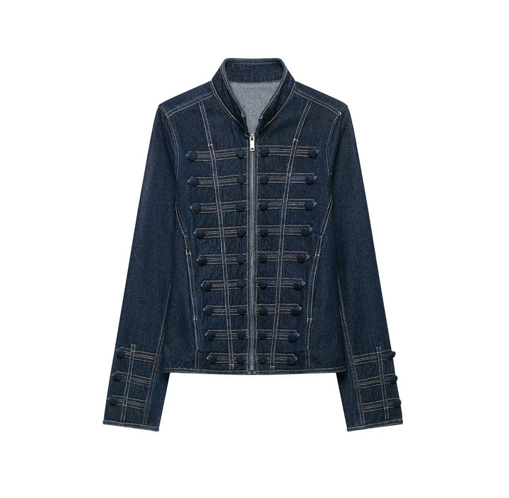 Damen Taillierte Denimjacke mit militärischen Galon‑Details und Stehkragen Drune