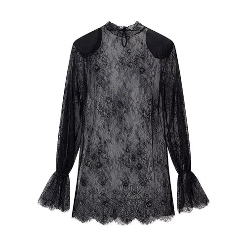 Damen transparente Spitzenbluse mit Stehkragen, Trompetenärmeln und Spitzensaum Drune