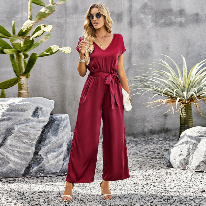 Damen eleganter Jumpsuit mit V-Ausschnitt und Bindegürtel Drune