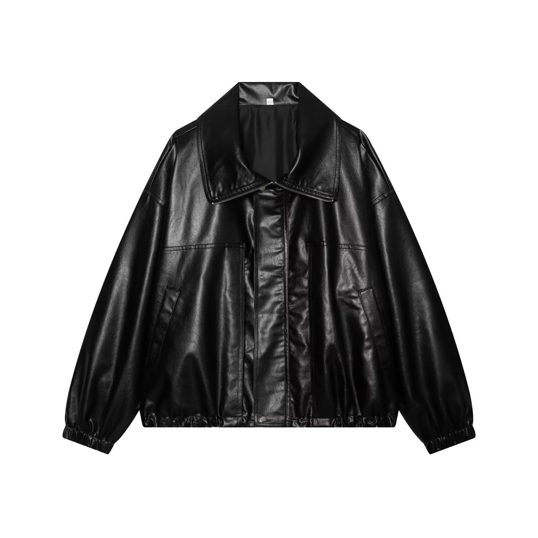 Damen Oversized Kunstleder-Bomberjacke mit breitem Reverskragen und elastischem Saum Drune
