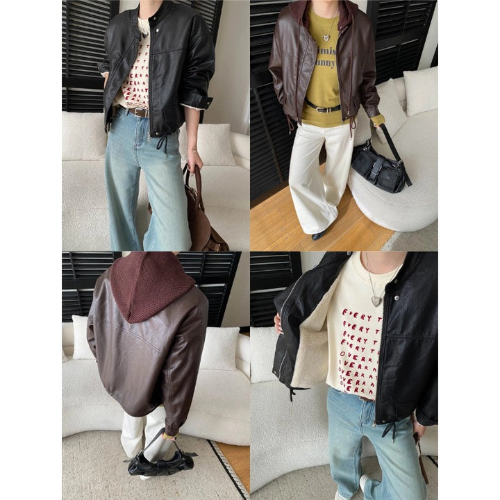 Damen Kunstlederjacke im lässigen Biker-Stil mit dekorativen Reißverschlüssen und seitlichen Taschen Drune