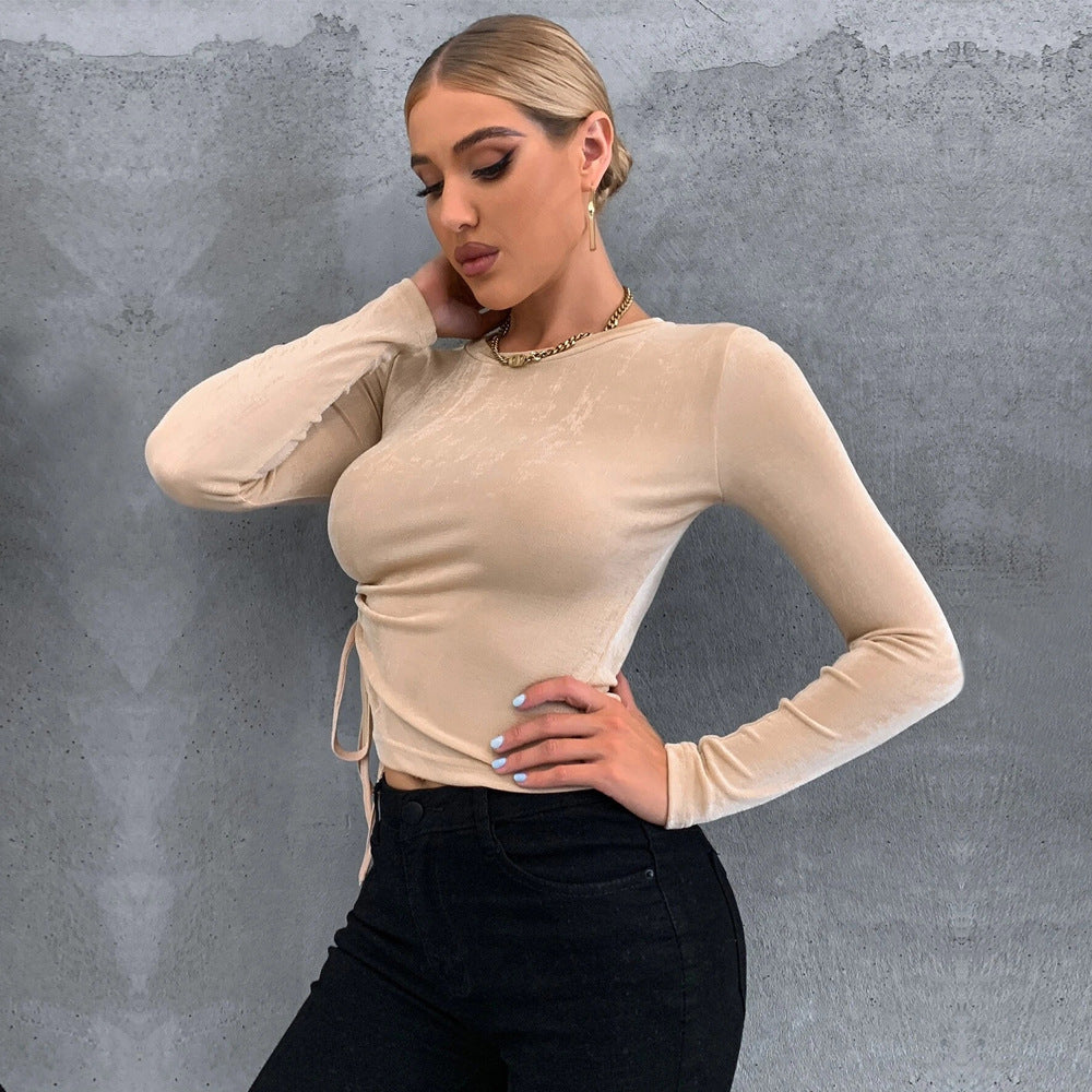 Damen figurbetontes Langarm-Top mit seitlicher Raffung, Tunnelzug und schmeichelnder Sculpting‑Passform Drune