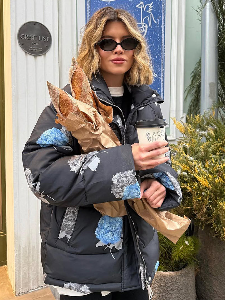 Damen Gepolsterte Oversize-Steppjacke mit Blumenprint und Kapuze Drune