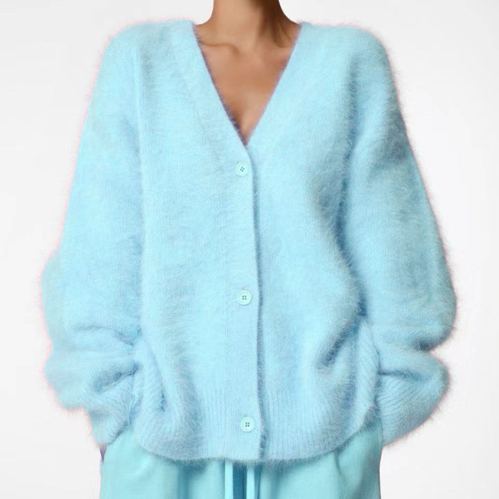 Damen Flauschiger Oversize-Knopfcardigan mit tiefem V-Ausschnitt und Eingrifftaschen Drune