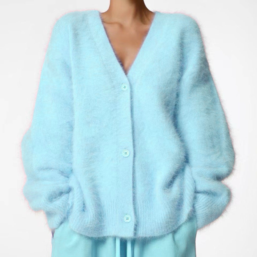 Damen Kuscheliger Oversize-Cardigan aus Teddy-Strick mit tiefem V-Ausschnitt Drune