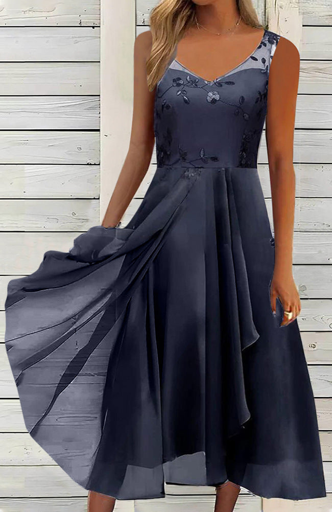 Damen nan A-Linien-Chiffonkleid mit floralem Stickoberteil, V-Ausschnitt, drapiertem Godet-Schwung und verdeckten Seitentaschen Drune