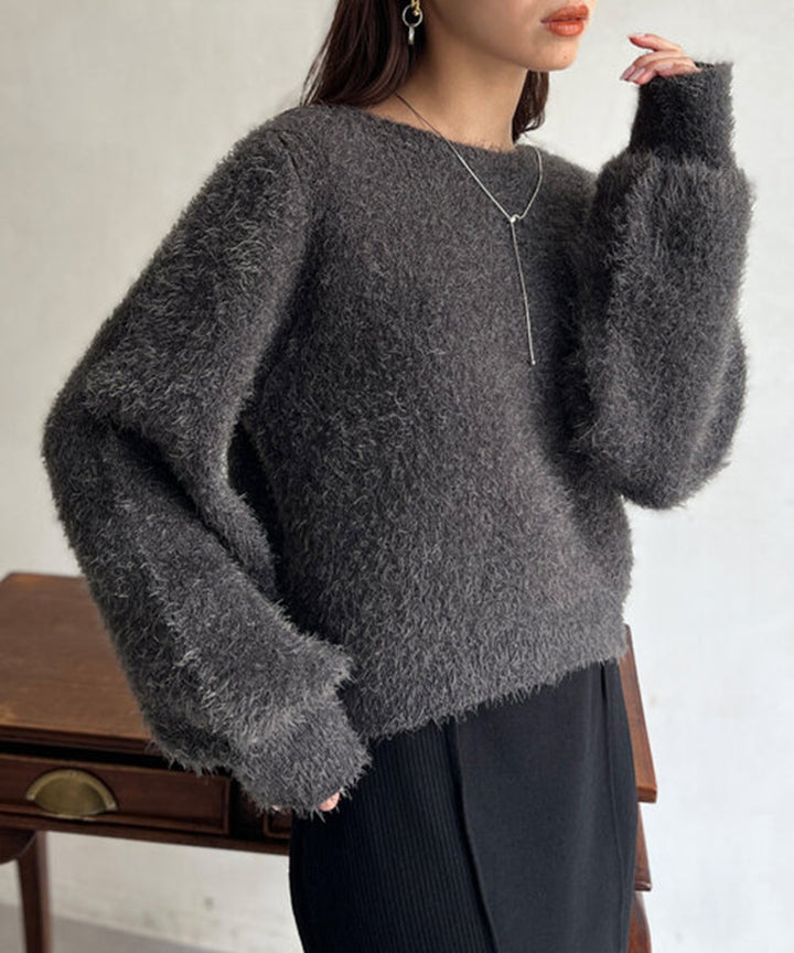 Damen Kurzgeschnitteter Flauschpullover mit Ballonärmeln und Rundhalsausschnitt Drune