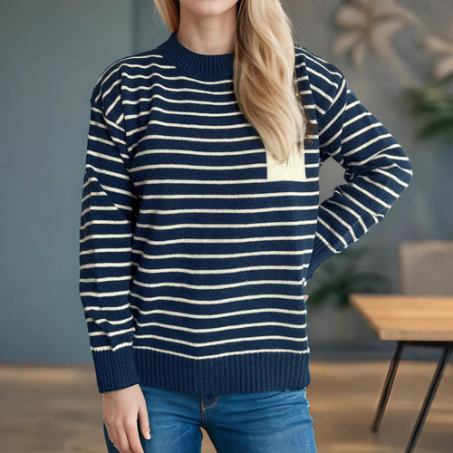 Damen lässiger Strickpullover mit breitem Streifenmuster und überschnittenen Schultern Drune