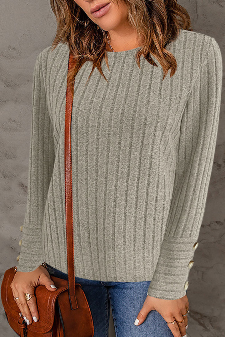 Damen Gerippter Feinstrick-Pullover mit Rundhals und Perlmuttknopf‑Manschetten Drune