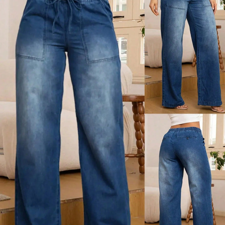 Damen Weite High-Waist-Jeans mit elastischem Bund und Kordelzug Drune