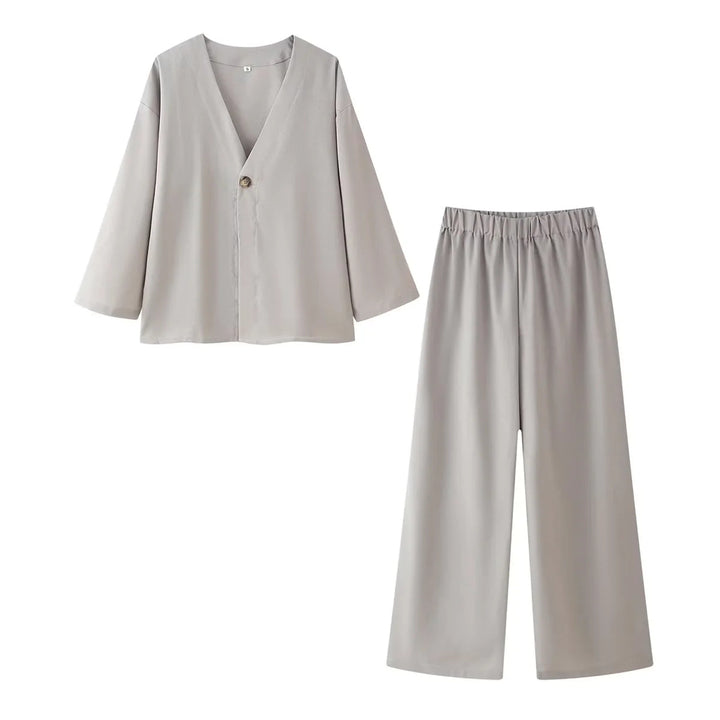 Damen nan lässiges Zweiteiler-Set mit V‑Ausschnitt Bluse und weitem Bundhose Drune