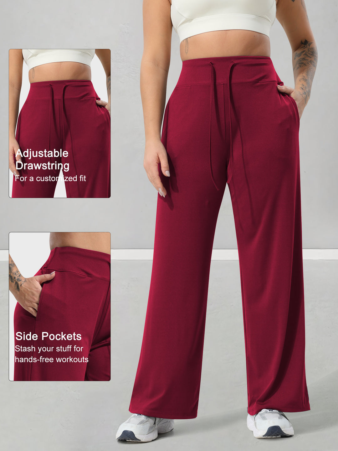 Damen Jogginghose mit hohem Bund, weitem Bein, Kordelzug und Seitentaschen Drune