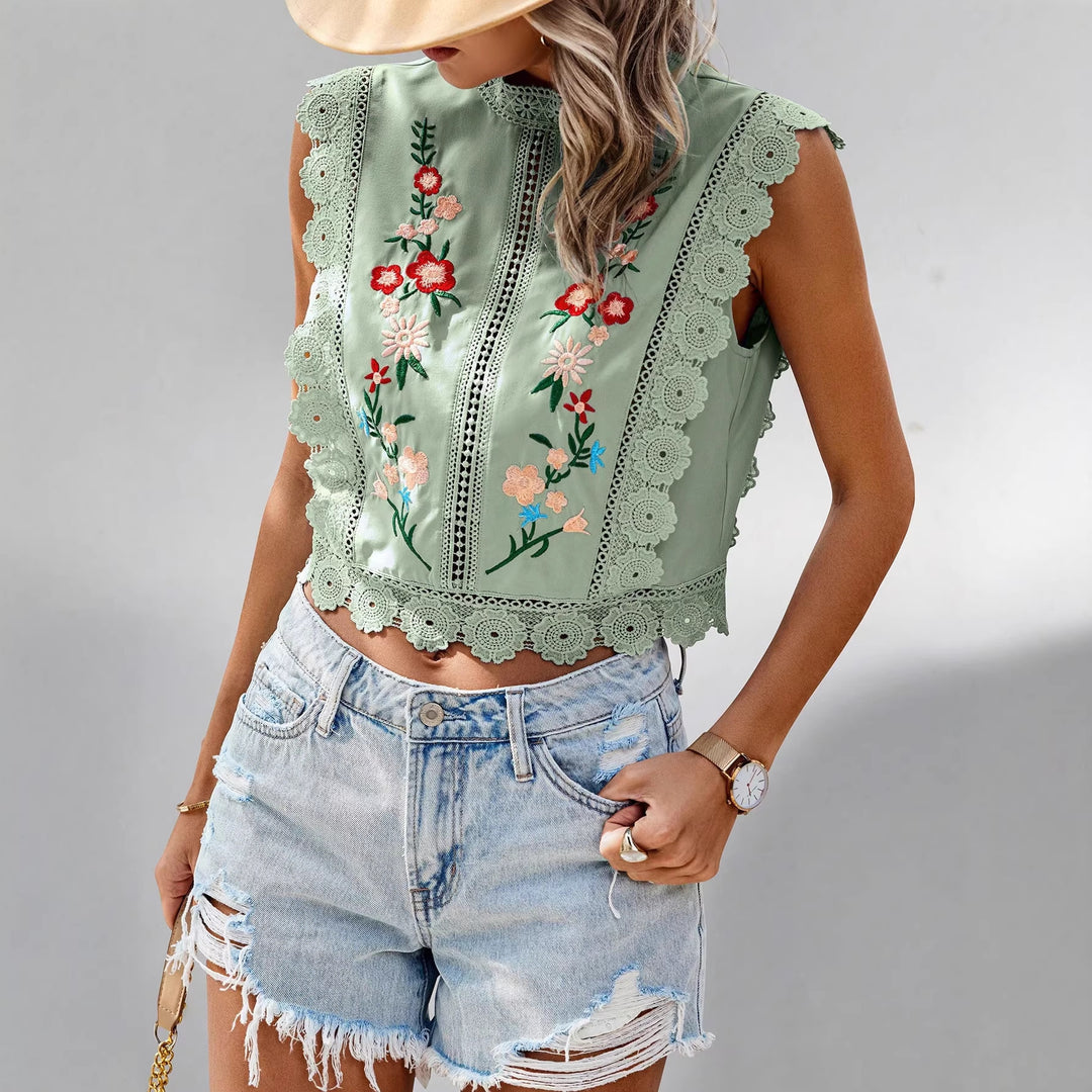 Damen Besticktes Spitzen-Cropped-Top mit Stehkragen und Häkelkanten Drune